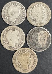 5 Barber Silver Dimes 1899, 1906, 1908, 1909, 1911