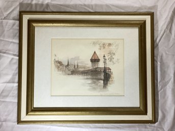 Lucerne Kapellbrucke Etching Pencil Signed Professionally Framed