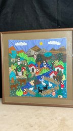 Large Framed Latin American Arpillera Applique Embroidery Piece