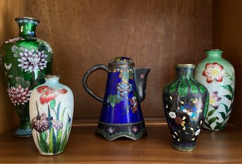 Antique 5 Piece Group Petite Cloisonne Vases & Pitcher - Chinoiserie Themed