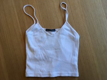 BRANDY MELVILLE, Cotton Knit Wide-Ribbed V-Neck Tank Top Shirt, Cropped, Creamy White, One Sz., Made In Italy