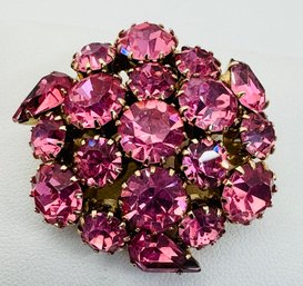 BEAUTIFUL VINTAGE ROUND AND PEAR-SHAPED PINK RHINESTONE GOLD TONE BROOCH