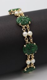 Exceptional Multi Station Jade & Pearl 14k Yellow Gold Bracelet