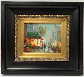 Vintage Colorful European City Street Scene - O/c Painting - Heavy Black & Gold Frame - 17 X 19 X 2 Inches