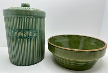 Vintage Stoneware Covered Cookie Jar & Bowl