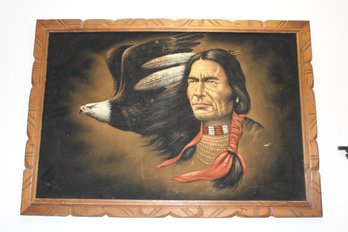 Black Velvet Art Indian And Hawk Signed