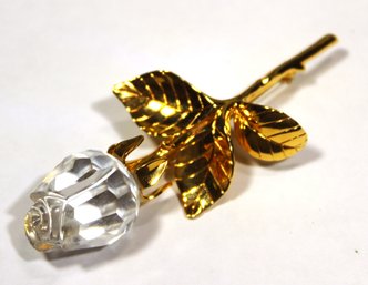 LARGE SIGNED SWAROVSKI CRYSTAL GOLD TONE ROSE BROOCH