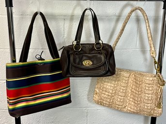 Trio Of Handbags - Kate Spade Canvas Tote, Chaps Brown Leather, Joy Mangano Designer Drop Bag