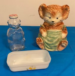 Brush McCoy Teddy Bear Cookie Jar W/green Apron, Snow Crest Glass Bear Bottle Bank, Fire King Ovenware