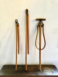 Two Carved Oak Flail Irons & Primitive Farm Yoke