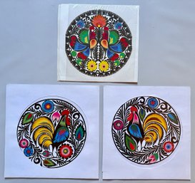 3 Polish Papercut Wycinanki Roosters Collage Art, Unframed
