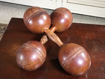 Great Pair Of Wooden Antique Barbells - Amazing Worn Patina - Nice Sporting Decorator Item - Very Nice !