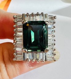 GORGEOUS SIGNED FARRAH FAWCETT STERLING SILVER GREEN SPINEL CZ RING