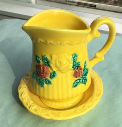 Mid Century Norleans Pottery Bright Yellow Raised Ribbed Roses Design Pitcher Creamer With Basin Dish