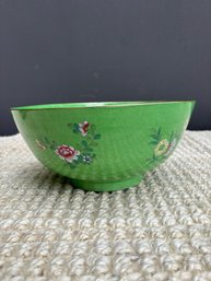 Vintage Green Enamel Floral Japanese Bowl  9.5 Inches Wide