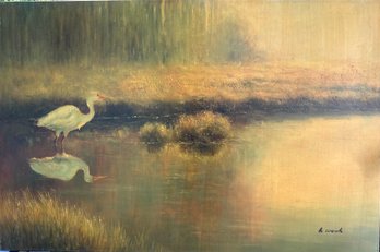 Signed Oil On Canvas Egret Reflection