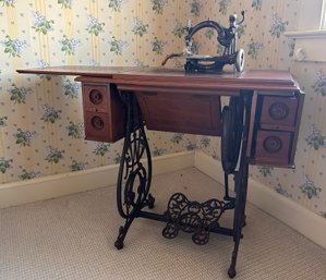 Antique Wilcox And Gibbs Sewing Machine With Cabinet And Cast Iron Base
