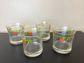 Vintage Set Of Four Red Flower Glasses