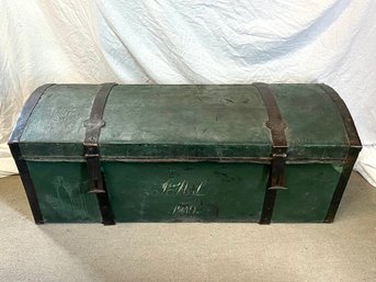 1849 Leather Clad Iron Hardware Trunk 49x20x21 Barrel Top Tapered To Bottom Pine Board  Antique Chest