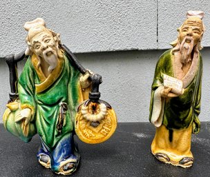 Vintage Chinese Mudmen Figurines - Hand Painted  Glazed Ceramic Of Yoke Man And Scribe