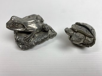 Metal Frog And Turtle Paperweights (2)