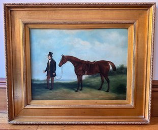 P. English Large Equestrian Oil On Canvas Painting In Gilded Frame, Signed