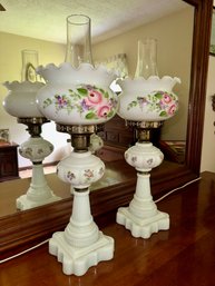 Pair Of Hand Painted Milk Glass Boudoir Lamps