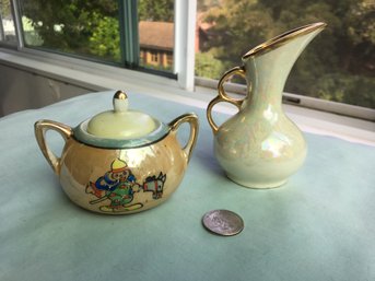 Lot Of 2 Vintage 1940s - 1950s Lustre Ware Porcelain Pieces - Child's Toy Sugar Bowl & Pitcher Creamer Vase