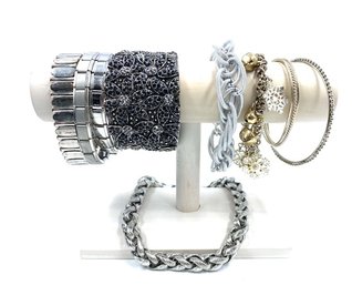Collection Of 9 Silvertone Bracelets - Cuffs & Bangles