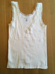 BRANDY MELVILLE, Cotton-Ribbed V-Neck Tank Top Shirt, Lace Detail, Creamy White, One Sz, Made In Switzerland