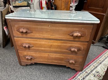 Antique Dresser With Acorn Handles, Marble Top And Glass Top Over