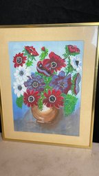 Original Signed Painting Matted And Framed, 27 X 21.5 Inches. Lovely Gouache Painting Of Flowers In A Vase