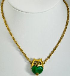 VINTAGE SIGNED CROWN TRIFARI GOLD TONE GREEN PLASTIC OWL NECKLACE