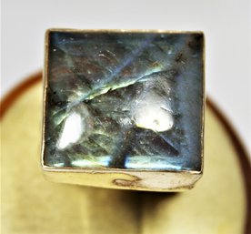 Large Sterling Silver Ring Having Square Bezel Set Labradorite Stone Size 10