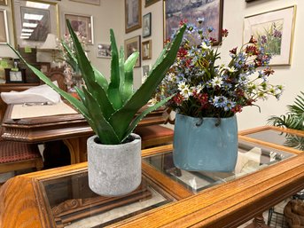 Ceramic Vase With Springtime Flowers &  Faux Aloe Plant  In Cement 5' Pot