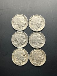 6 Buffalo Nickels 1935, (3) 1936, (2) 1937