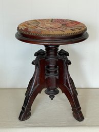 Antique Carved Victorian Adjustable Height Pedestal Base Stool With Needlepoint Seat