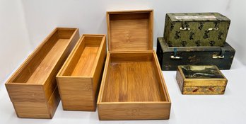 6 Bamboo Boxes From Container Store, 2 Silk Lined Asian Boxes & Hand Paineted Small Box