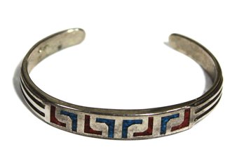 Turquoise And Coral Inlay Silver Cuff Bracelet Signed