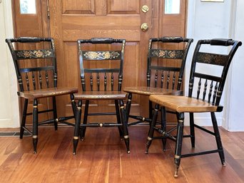 Another Pretty Set Of Stenciled Hitchcock Dining Chairs In Black & Stained Wood: Four Side Chairs