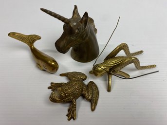 Brass Figural Lot - Unicorn, Cricket, Whale And Frog (4)