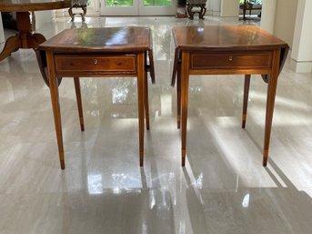 Gorgeous Pair Of Antique Mahogany Drop Leaf Tables With Drawer & Inlaid Legs