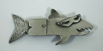 SIGNED MYSTIQUE PEWTER SHARK WEARING SHORTS AND SUNGLASES BROOCH