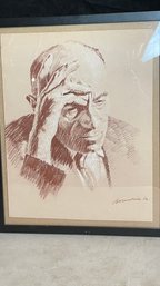 Vintage Mid Century Acrylic Portrait Of A Pensive Man Signed Borenstein