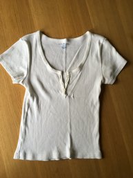 BRANDY MELVILLE, Cotton Ribbed Scoop Neck T Shirt, 3 Button Closure, Trimmed Neckline, White, One Sz