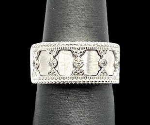 Sterling Silver Smooth With Clear Stones Ornate Ring, Size 8