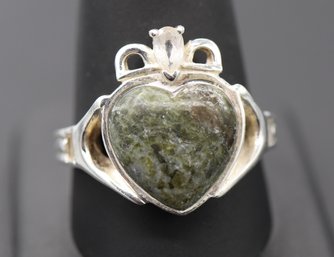 Large Connemara Marble & White Topaz Sterling Silver Claddagh Mans Ring