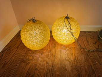 Pair Of Working Vintage Spun Lucite MCM YELLOW/ORANGE Spaghetti Swag Hanging Lights W Chain