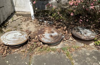 A Set Of Three Dover Vintage In Ground Trash Receptacles