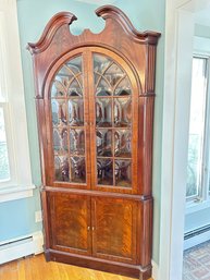 Mahogany Arched Glass Door 5-Shelf Corner China Cabinet With 2 Lower Doors